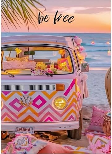 EOPLK Beach Diamond Painting Kits for Adults, Be Free Beach Van Diamond Art Kit for Beginners, 5D DIY Full Drill Round Gem Painting by Numbers for Home Wall Decor Gift, 12x16 inch