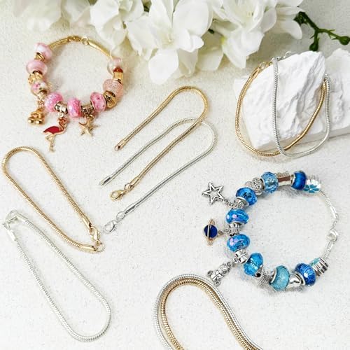 Exway 20 Pcs Snake Charm Bracelet Chain 6.5 Inch Gold and Silver Charm Bracelet Kit Snake Chain Bracelets Chain for Christmas DIY Women Jewelry Making Gifts