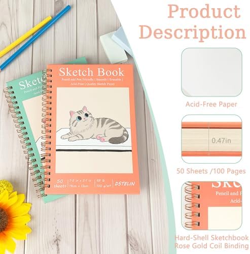 DSTELIN 2 Pack Mini Sketch Books, 7.5 x 5.1 Inch, Spiral Bound with Hard Cover, 50 Sheets per Pad,100gsm, Ideal for Sketching and Mixed Media Creations