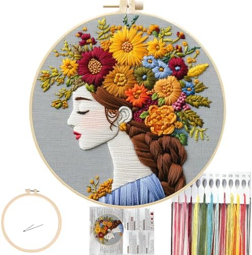 FONNUY Floral Women Embroidery Kit for Beginners, Colorful Long Hair Girl Pre-Stamped Pattern Kits for Adults with Hoop, Thread Needlework, 8'' Hoop (Brown)