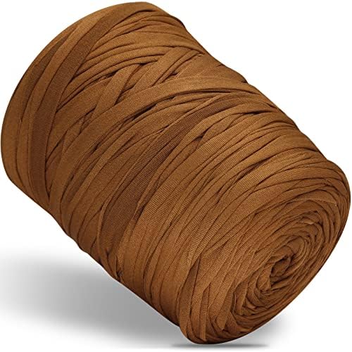 400g T-Shirt Elastic Fabric Crochet Cloth Yarn for DIY Knitting, 130 Yards Spaghetti Thick Knitting Yarn for Hand DIY Bag Basket Cushion Crocheting Projects Home Decor (Brown)