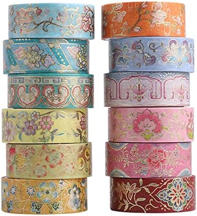 12 Rolls Vintage Washi Tape Set, Gold Foil Decorative Masking Tape for Scrapbooking, Journal, Planner, DIY Crafts, Gift Wrapping