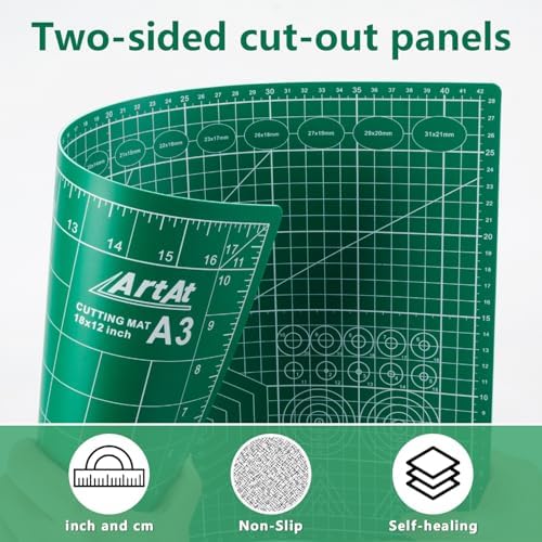 ArtAt A3 Self Healing Cutting Mat 12''x18'' 5 pack | Double-Sided 5-Ply Craft Cutting Board with Grid ,Slip-Resistant Cutting Mat for Fabric,Quilting, Crafts & Hobbies(Green)