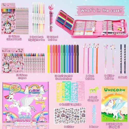 DOKKIA Fruit Scented Coloring Pens Markers Set 65 PCS Art Craft Drawing Case - Washable Kits Pencil,Gel Pen,Crayon&Coloring Book Supplies Pink Unicorn Rainbow