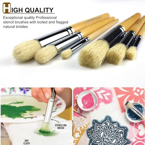 Stencil Brush Set, 6Pcs Natural Hog Bristle Stencil Brushes for Painting