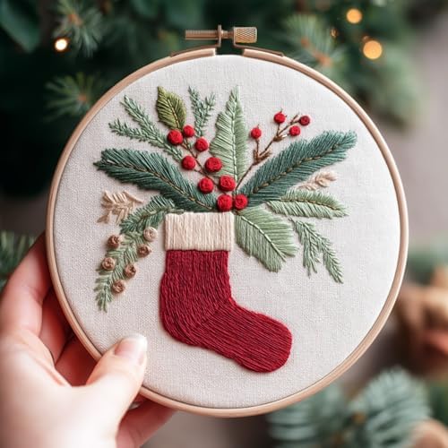 IUHUI Embroidery Kit for Beginners Adults - Anticipated Christmas Patterns, DIY Hand Stitching Embroidery Set with Hoop (Christmas Stocking Greenery)