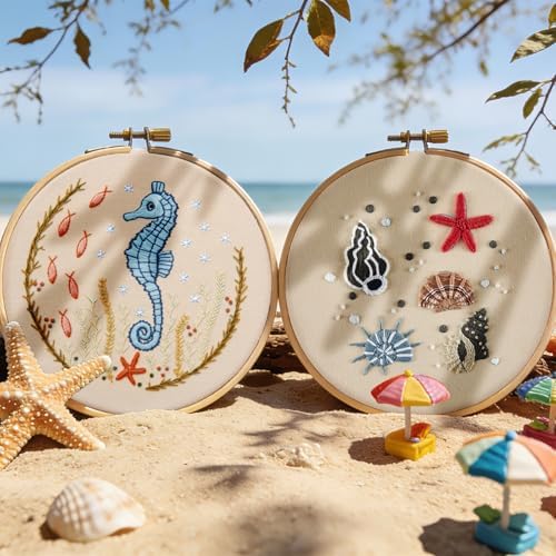 Beach Embroidery Kits for Beginners Adults, Coastal Hand Embroidery Set Needlepoint Kits, Stamped Cross Stitch Kits for Beginners Adults, 2 Embroidery Hoops, Fabric, Thread (Attached Video Tutorial)