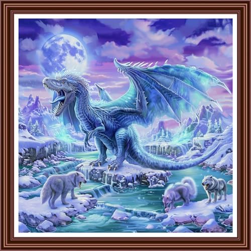 Dimensean Counted Cross Stitch Kit for Beginners, 11CT Unprinted Cross-Stitch Kit Easy Patterns Needlepoint Kit Cross Stitching Embroidery Kit Supplies-Snow Dragon Moon 18x18 inc
