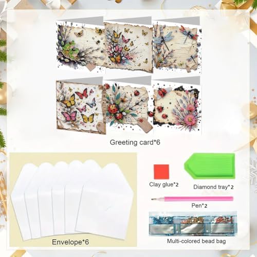 Diamond Art Cards with Envelopes–6PCS DIY Diamond Painting Greeting Cards Kit | Card Making Kit with Bling for Adults & Beginners | Birthday,Holiday & Thank You Cards (Insect Butterfly)