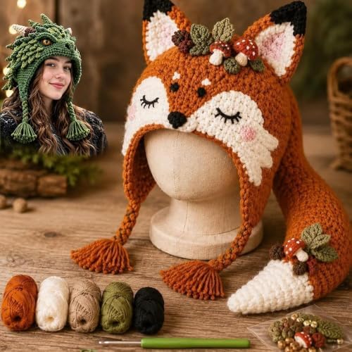 WEERSHUN Fantasy Hood Hat DIY Crochet Kit Series, Animal Hood Hat DIY Crochet Kit for Beginners, Complete Great Experience, Tutorial Guide, Yarn & Hook, Great Birthday Holiday Gift