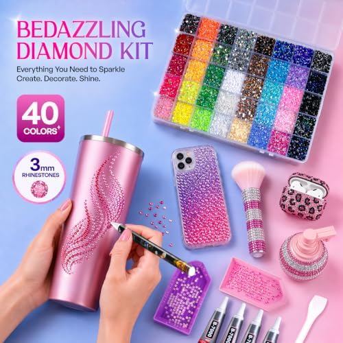 50000Pcs Bedazzling Kit with Rhinestones, 40 Colors 3mm Resin Jelly Flatback Gems, All-in-One Bedazzler Kit with 4Pcs B7000 Glue & Tools, DIY Diamond Art Craft Kit for Clothes Shoes Phone Cases Gifts