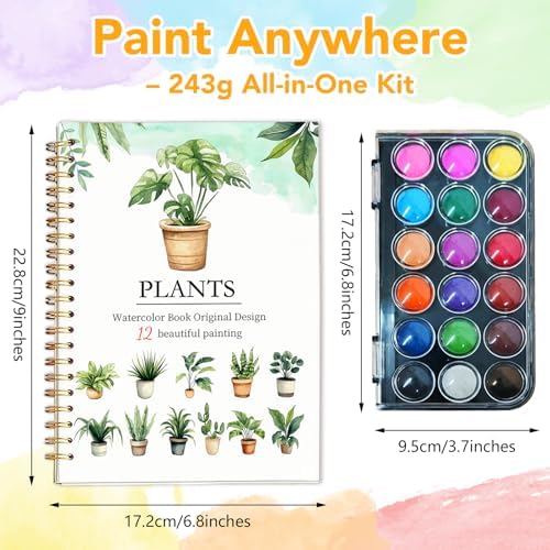 Easy Watercolor Workbook for Beginners - 12 Beautiful Step-by-Step Paintings Water Coloring Book, Includes 18 Colors Paints, Relaxing Art Projects and Creative Gift for Adults & Teen (Plants)