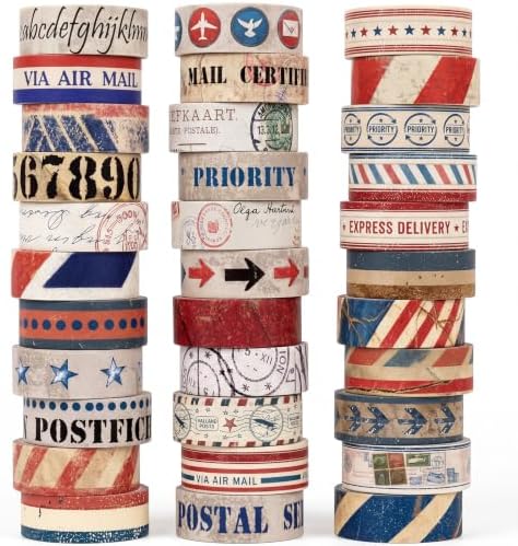 TaoBary 33 Rolls Washi Tape Set, 15mm Holiday Seasonal,Postal Style