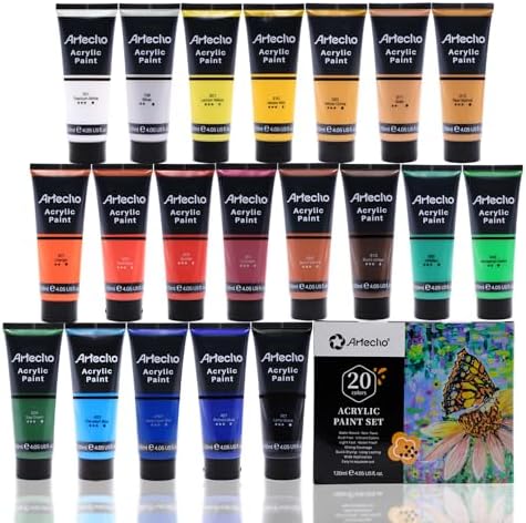 Artecho 20 Colors Acrylic Paint 120ml /4.05oz Tube | Semi Glossy Finish, High Pigment Rich Color Craft Paint for Canvas, Rocks, Wood, Fabric, Ceramic, Non-Toxic