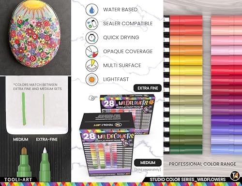 28 Wildflower Colors Acrylic Paint Pens Studio Color Series Markers Set 0.7mm Extra Fine Tip, Rock Painting, Glass, Mugs, Wood, Metal, Canvas, DIY, Detailing. Non Toxic, Waterbased, Quick Drying