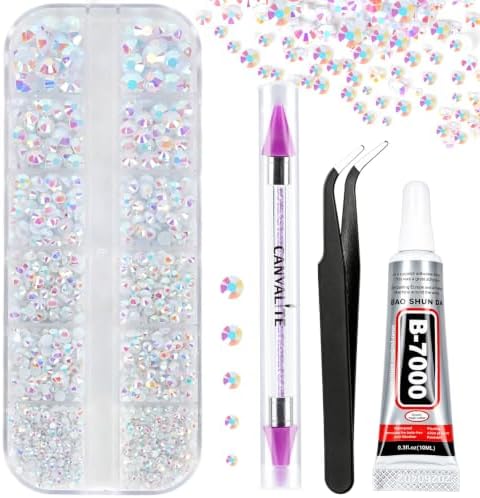 6000Pcs Resin Rhinestones for Crafting with 10ml B7000 Jewelry Glue, 1 Box Flatback Crystals Diamond (White AB) for Bedazzling Crafts DIY Nail Art Non Hotfix Gems for Clothing Shoes Tumblers