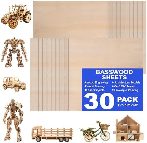 30 Pack 12"x12"x1/8" Basswood Sheets for Crafts,3mm Craft Wood Plywood,Unfinished Wood,for DIY Ornaments and Model Engraving,Wood for Laser Cutting,Architectural Models,Drawing,Wood Burning