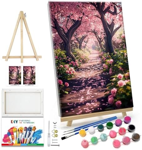 JOOZ Paint by Numbers Kit for Adults Landscape Paint by Number with Frame DIY Cherry Blossom Paint by Number with Easel Flowers Paint by Numbers Kit on Canvas for Gift Home Wall Decor 7.87x11.81 Inch