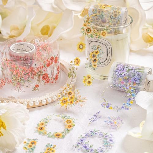 PET Tape Stickers for Journaling 6 Rolls Flower Washi Tape Stickers Decorative Tape for Crafts Scrapbooking Junk Journal Supplies, Wreath of Letters