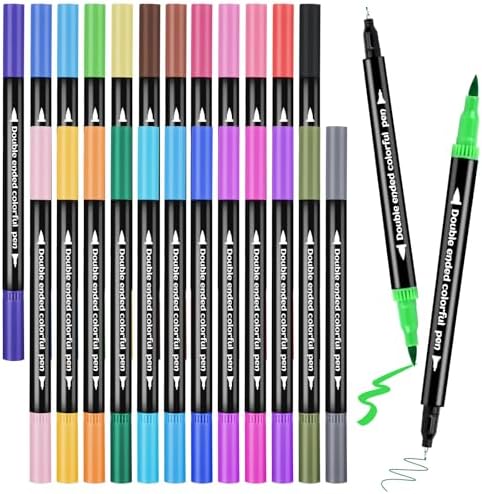 24Color Dual-Tip Art Markers Set, Fine & Brush Tips for Adult Coloring Books, Watercolor & Drawing Pens, Artist Marker Pens for Illustration, Sketching, Journal