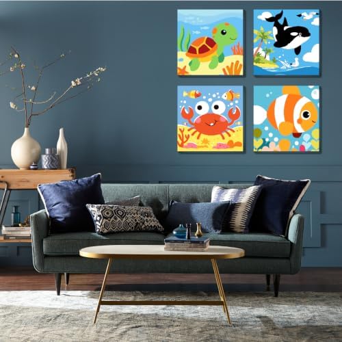 FQOVKYN 4 Pack Paint by Numbers Kit for Kids with Frame, Cute Marine Animals Kids Paint by Numbers Ages 4-6-8, Easy DIY Acrylic Oil Painting by Number for Gift Home Wall Decor(8x8 inch)