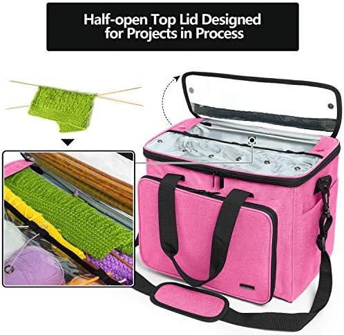Teamoy Knitting Bag, Yarn Storage Organizer Crochet Bag Tote, Pink