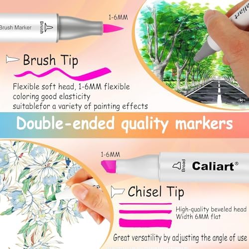 Caliart Alcohol Markers 61 Colors Pastel Chisel & Brush Tip Art Markers | Non-Toxic Permanent Pens for Adults Coloring Book Beginners Sketch Illustration Painting Drawing School Supplies Art Gifts