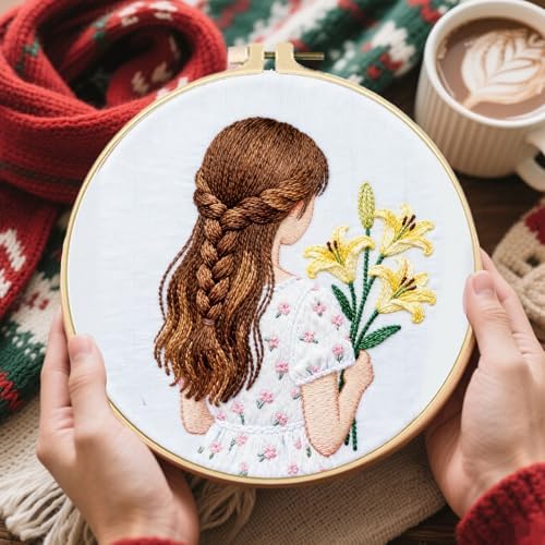 FREEBLOSS 4 Set Embroidery Kit Girl Pattern Stamped Embroidery Starter Kit with Step By Step Instructions, Colored Threads, 2 Hoops, Needlepoint Kits for Hand Craft Lovers Gift, 30cm/11.8inch