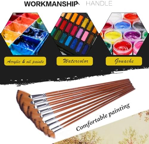 Artist Fan Paint Brushes Set,9 Pcs Professional Soft Anti-Shedding Fan Brush for Acrylic Oil Watercolor Gouache Painting Kits with Long Handle Nylon Hair