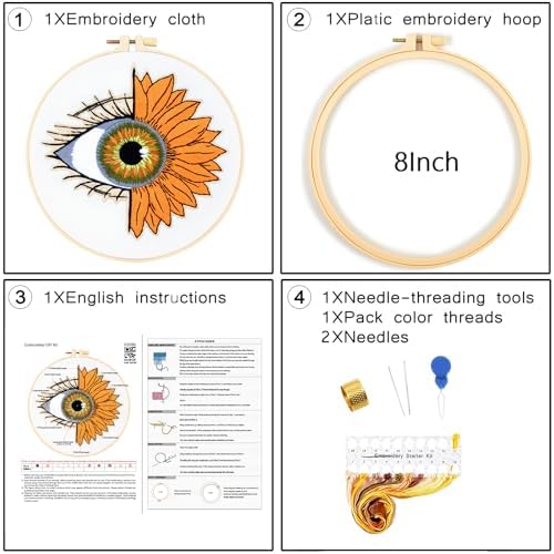 Crafmanoe Sunflower Eyes Embroidery Kits for Beginners Adults, Hand Embroidery Starters Kits, Stamped Cross Stitch Kits Needlepoint Kits for Beginners Adult, Embroidery Hoop, Thread and Video Tutorial