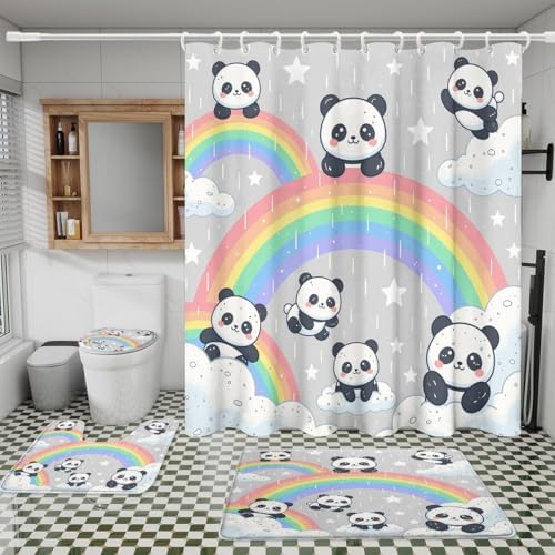 Funny Kawaii Baby Animal Panda Shower Curtain Sets 4 Piece,Watercolor Colorful Rainbow Clouds Bathroom Decor Sets with Rugs,Cartoon Panda Bears Waterproof Toilet Lid Cover Bath Mat