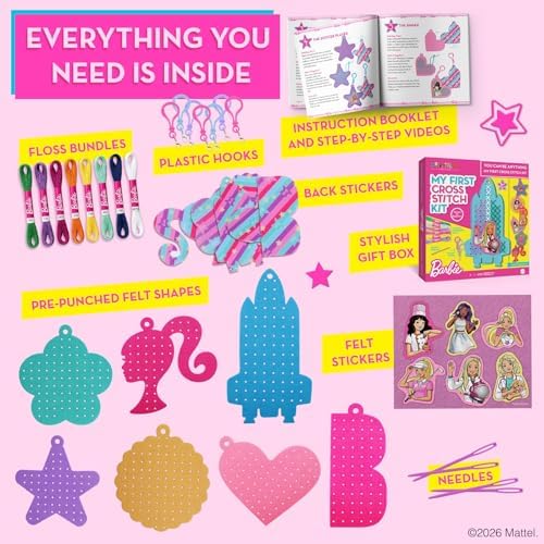 CRAFTILOO Barbie® Cross Stitch Kit for Kids Ages 6-12 - 7 Keychain Projects