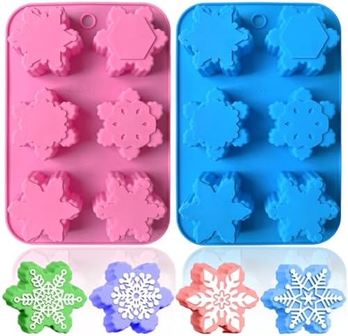 2 Pcs Snowflake Silicone Candle Soap Molds for Christmas Baking Chocolate Candy Cake Pan Cookie Jelly Muffin Ice Cube Trays Baking Moulds DIY Bath Bomb Molds Decoration (Blue Pink)