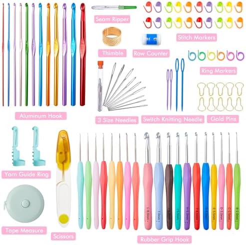 INSCRAFT 87 Pcs Crochet Hook Set, 19 Sizes 0.5mm-8mm(L), Ergonomic Soft Grip Handles Crochet Needles Kit with Case for Arthritic Hands, Crochet Starter Kit for Beginners Knitting Yarn Lovers