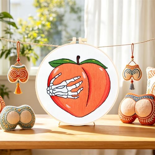 Hand Bone Embroidery Kits for Beginners Adults, Peach Embroidery Starters Kits, Halloween Stamped Cross Stitch Kits DIY Needlepoint Kits for Beginners Adult, Embroidery Hoop, Thread and Video Tutorial