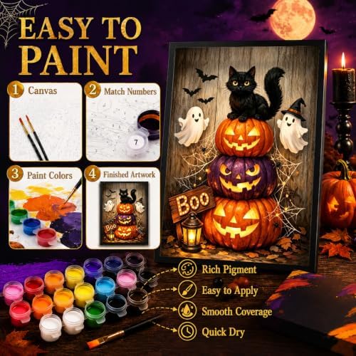 Halloween Paint by Numbers Kit for Kids 6-8-12 with Frame Easel 8x12 inch