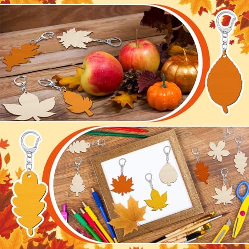 Trnayi 36 Pcs Maple Leaf Wood Keychain Color Your Own DIY Craft | Maple Leaf Wooden Keychain, Color Your Own Unfinished Craft, Blank Wood Painting DIY Craft, for Thanksgiving Art Project