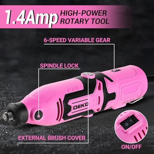 Rotary Tool Kit:DEKOPRO 1.4-Amp Power Hand Rotary Tools with 6 Variable Speed, 127pcs Accessories, 8000~35000RPM Electric Grinder Drill Machine Set with Flex Shaft for Carving, Cutting, Sanding Pink