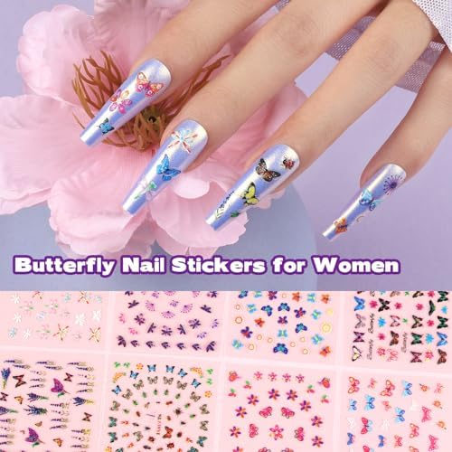 Teenitor 50 Sheets Flower Nail Stickers for Nail Art, Floral Nail Decals Nail Art Stickers for Kids, Butterfly Fingernail Stickers for Women, Cute 3D Self Adhesive Nail Decor for Spring Summer