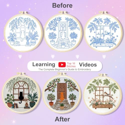 Huacan Embroidery Kit for Adults Beginners with 3 Hoops & Gift Box