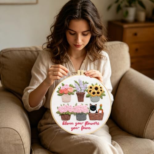 Embroidery Kit for Beginners & Adults with Cat and Flower Pattern