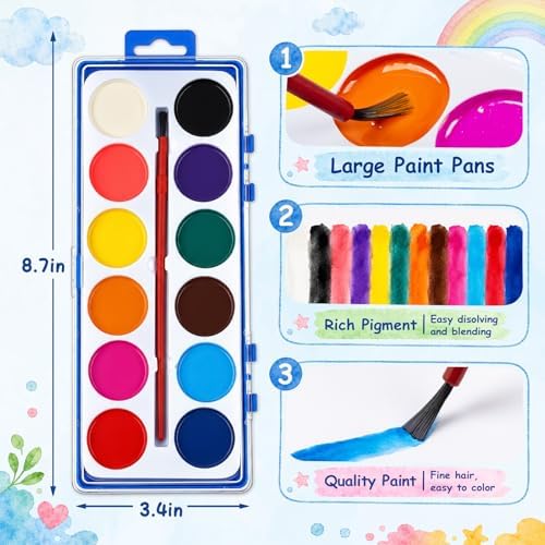 72 Pack Watercolor Paint Set, 12 Colors Water Paint Bulk for Kids