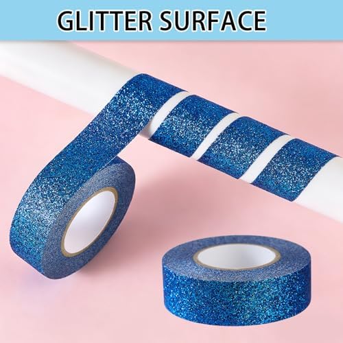 Blue Glitter Washi Tape 2 Rolls, Sparkle Decorative Tape for DIY Crafts Scrapbooking Journaling, Sticky Colored Masking Tape for Art, Wall Decor Gift Wrapping (0.6in x 11Yard)