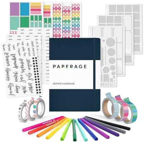 PAPERAGE Bullet Journal Kit, Dotted Journaling Set & Stationary Kit, Hardcover Dotted Journal Notebook (Navy), 12 fineliner Pens, 8 Sticker & 3 Stencil Sheets, 6 Washi Tapes