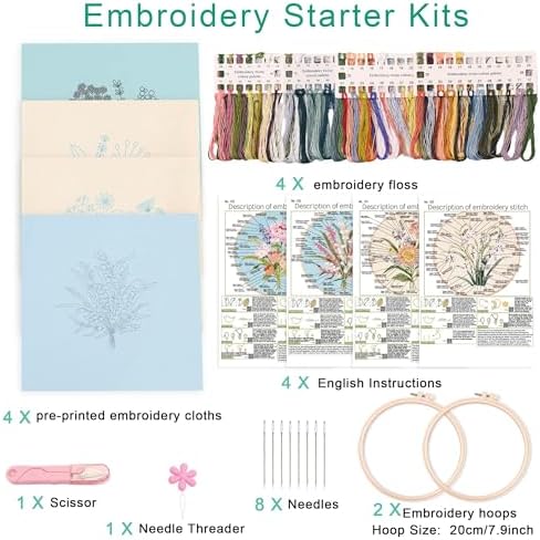 Harimau Adult Beginner Embroidery Starter Kit, Complete Set with 4 Patterns, 2 Hoops, Needles, Scissors, Instruction Guide & Stitching Video Tutorials