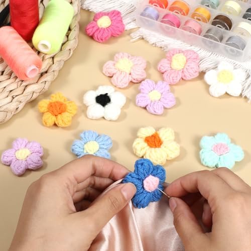 50 Pcs Crochet Flowers Knitted Yarn Flowers Handmade Crochet Flower Cute Flower Sew/Iron On Patches, Beautiful Crocheted Floral, for Crafts Embellishments, Clothing, DIY Hair Headbands (14 Colors)