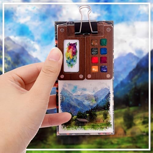 Qilery Mini Portable Watercolor Palette Set Wooden Grid Paint Box Watercolor Paper Sketch Book Brush Pens with Binder Clip for Painters Artist Not Include Paint(Rainforest Secrets)