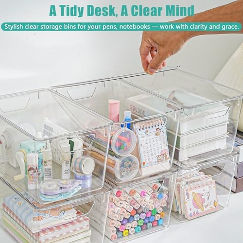 6 Pack Large Clear Storage Bins with Lids, Acrylic Arts and Craft Storage Containers, Stackable Clear Plastic Craft Storage Bins with Handles for Classroom Storage Organization,Kitchen, Fridge, Office