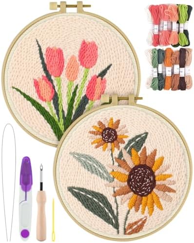 ERKOON Punch Needle Kit Adults Beginners, 2 Pcs DIY Easy Flower Embroidery Set for Starter Art Craft, Needling Punching Project with Patterns, Tools, Yarns, Hoop, Instruction (Sunflowers & Tulips)