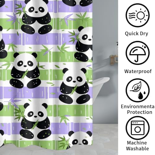 Funny Cute Japanese Panda 4 Piece Shower Curtain Sets,Abstract Cartoon Baby Panda Bears Non-Slip Rugs,Toilet Lid Cover and Bath Mat,Spring Forest Bamboo Print Bathroom Decor Set